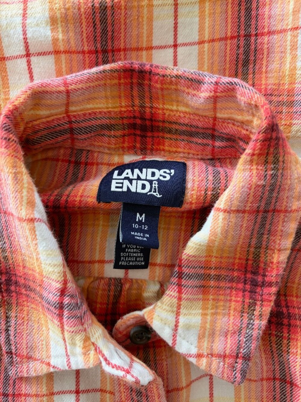 Lands’ End 100% Cotton Plaid Button Down Shirt Orange Red Women’s Medium